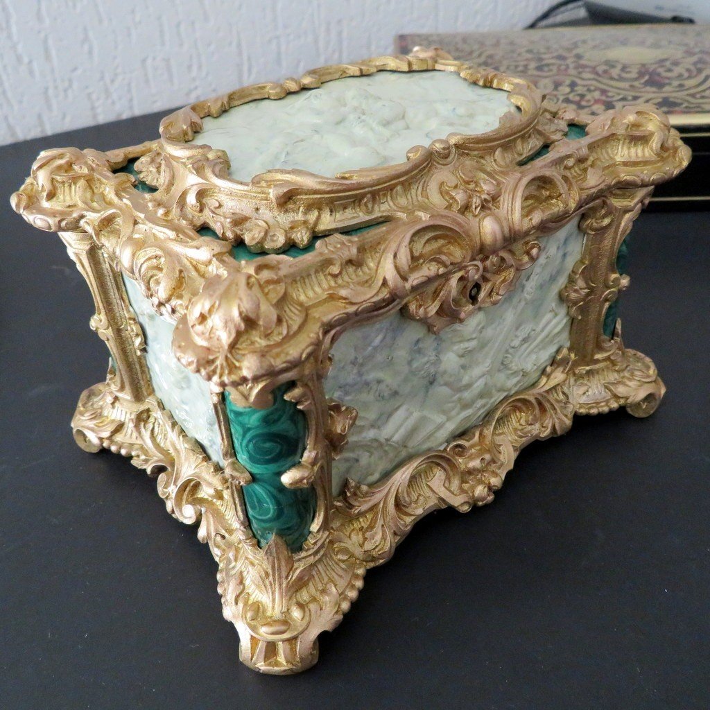 Box In Malachite, Bronze And Porcelain Marquetry 19th Napoleon III Period