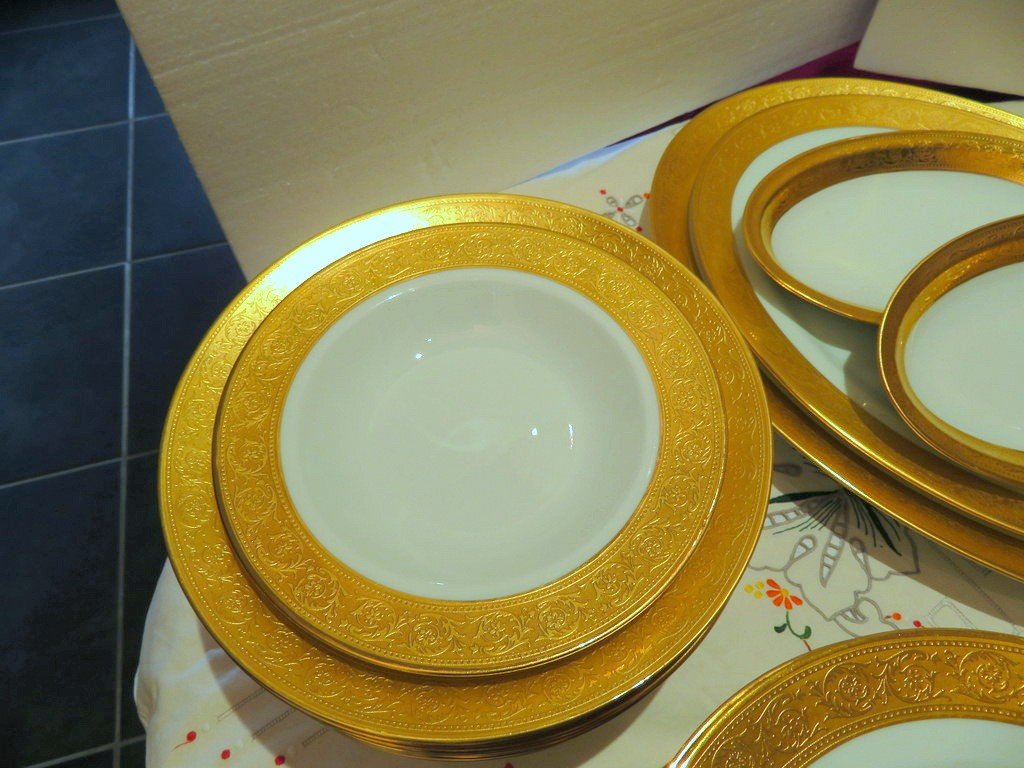Haviland Limoges Porcelain Set Table  Thistle Gold Signed Plate Cup Soup Dish...-photo-4