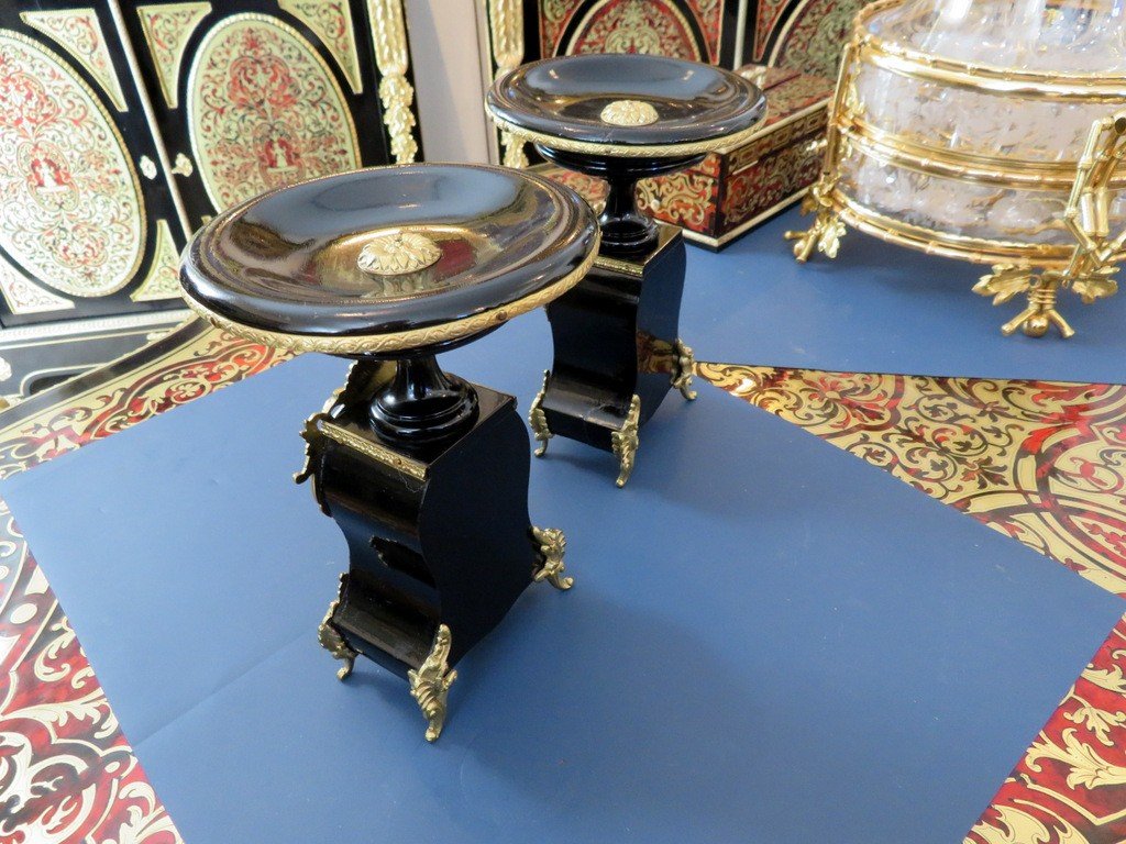 Paire De Cassolettes En Marqueterie Boulle Et En Bronze époque Napoléon III-photo-2