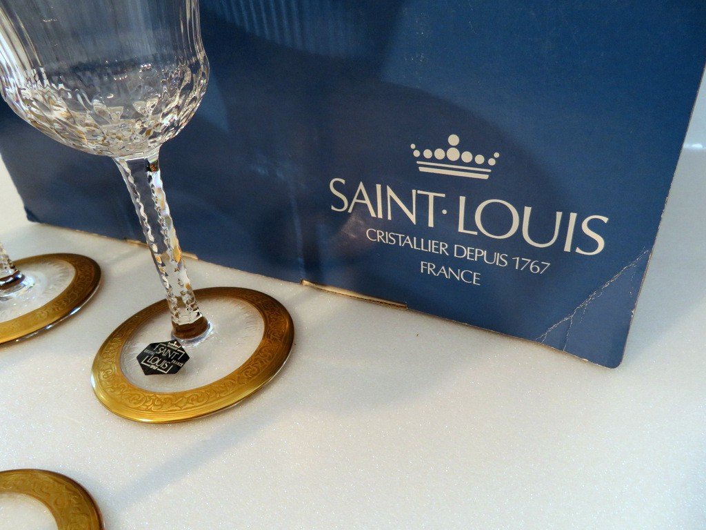 New In Box 6 Glasses Bourgundy Thistle Gold In St-louis Crystal Stamped-photo-5