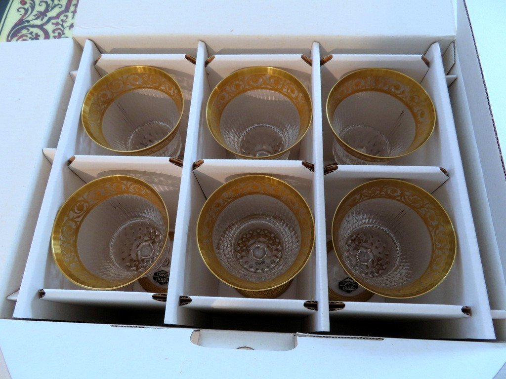 New In Box 6 Glasses Bourgundy Thistle Gold In St-louis Crystal Stamped-photo-6