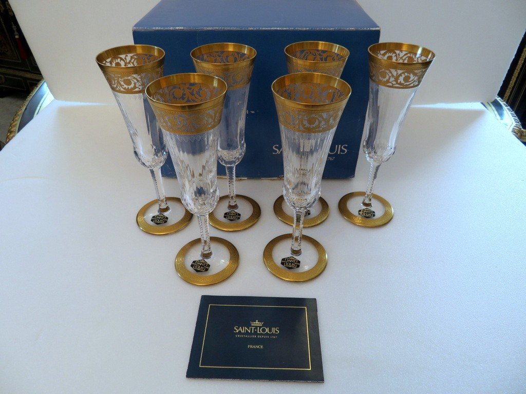 New Box Set Of 6 Champagne Glasses In Crystal St - Louis Thistle Gold-photo-1