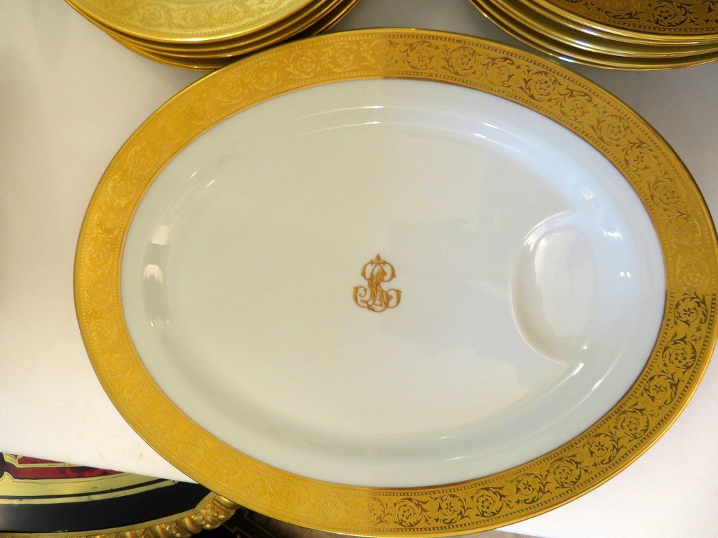  Haviland Monogrammed Rl Service In Limoges Porcelain Thistle Gold Signed-photo-2