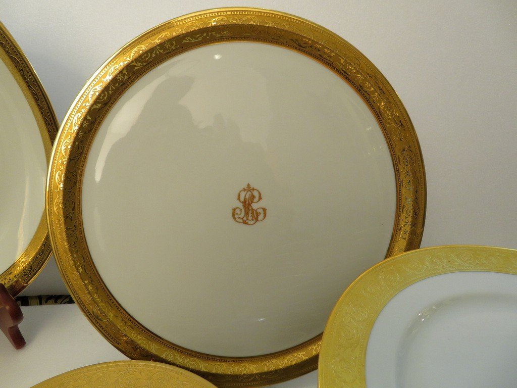  Haviland Monogrammed Rl Service In Limoges Porcelain Thistle Gold Signed-photo-3