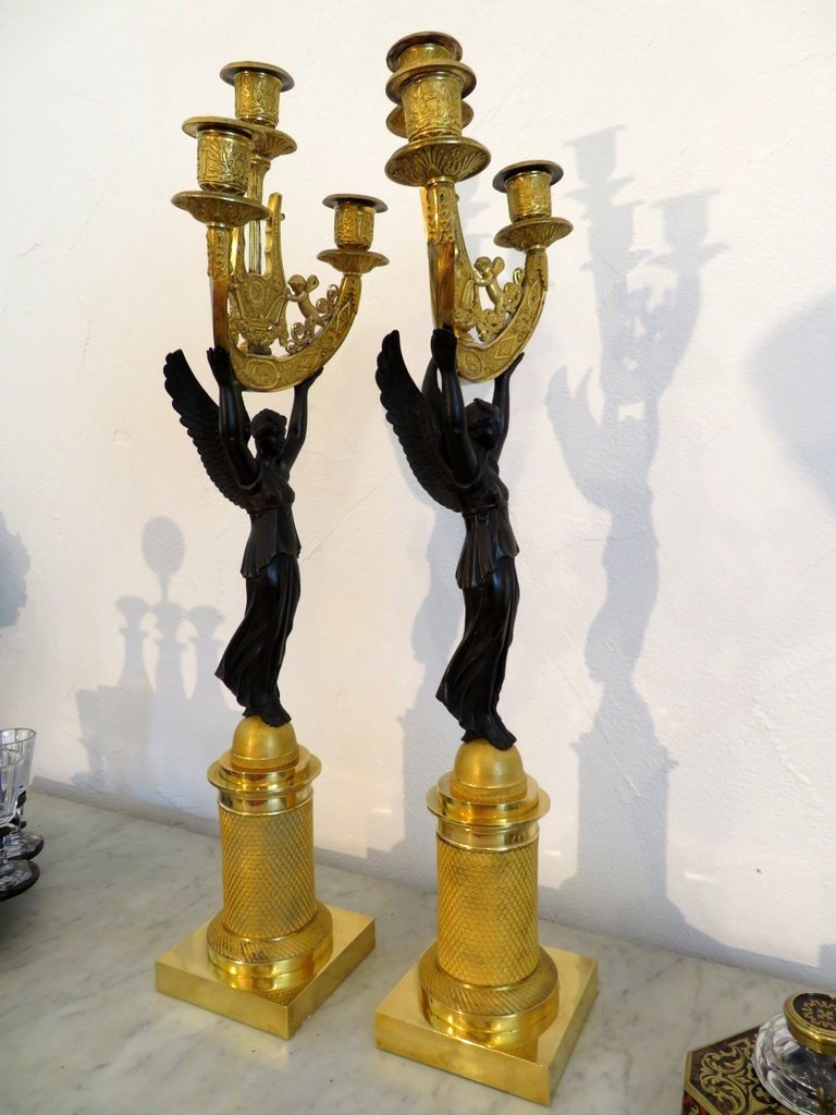 Pair Of Candelabra Golden Bronze Empire Victory In Bronze, Empire Period, 60cm-photo-4