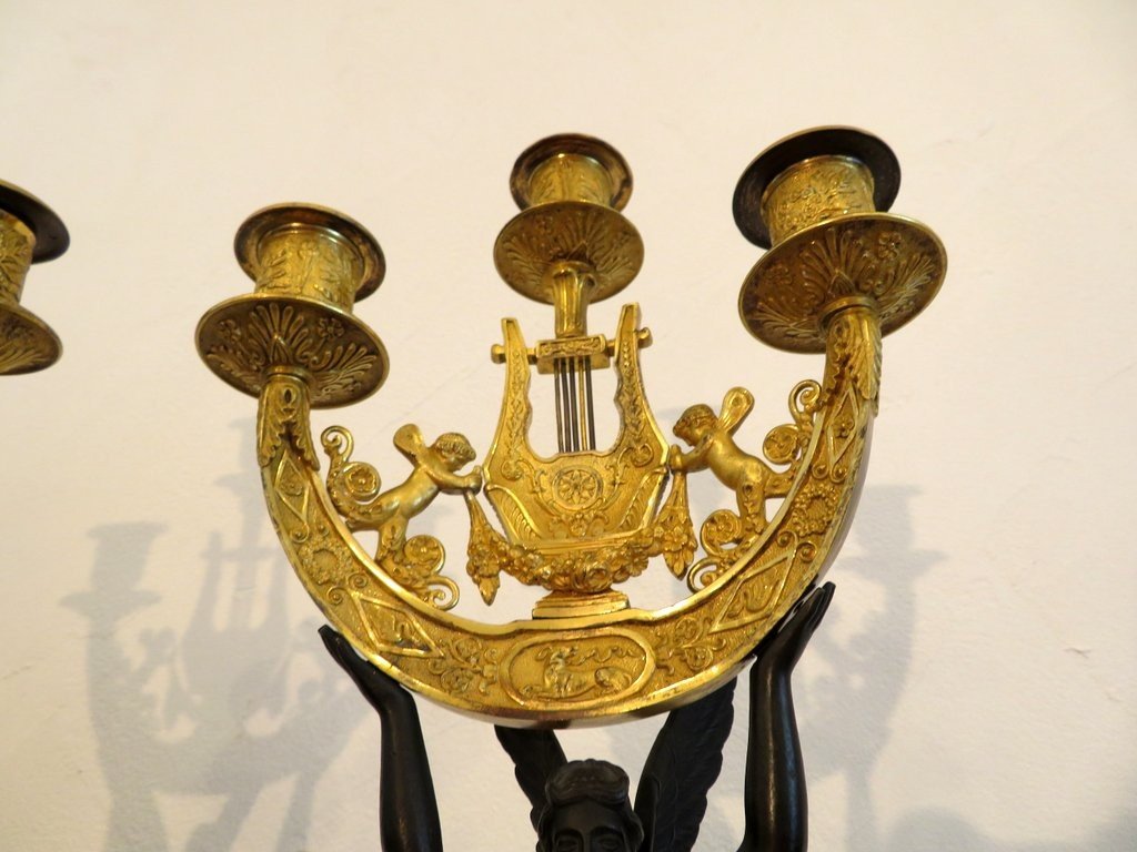 Pair Of Candelabra Golden Bronze Empire Victory In Bronze, Empire Period, 60cm-photo-3