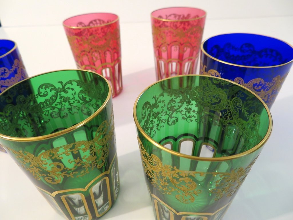 6 Gobelets à Thé Colorés Rabat En Cristal De Saint Louis Signés Parfait état-photo-7