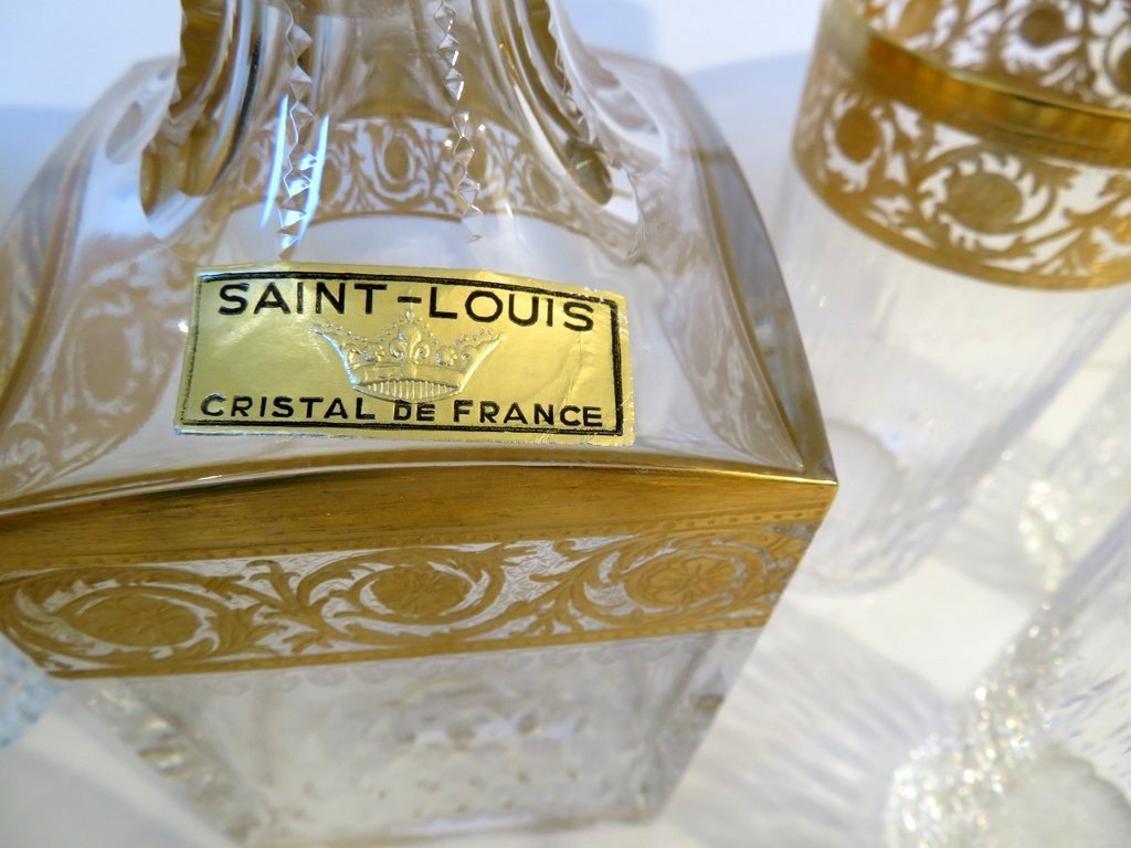 In Box  Unused Saint Louis Thistle Gold Crystal Whiskey Set Square Bottle And 6 Tankards 14cm -photo-5