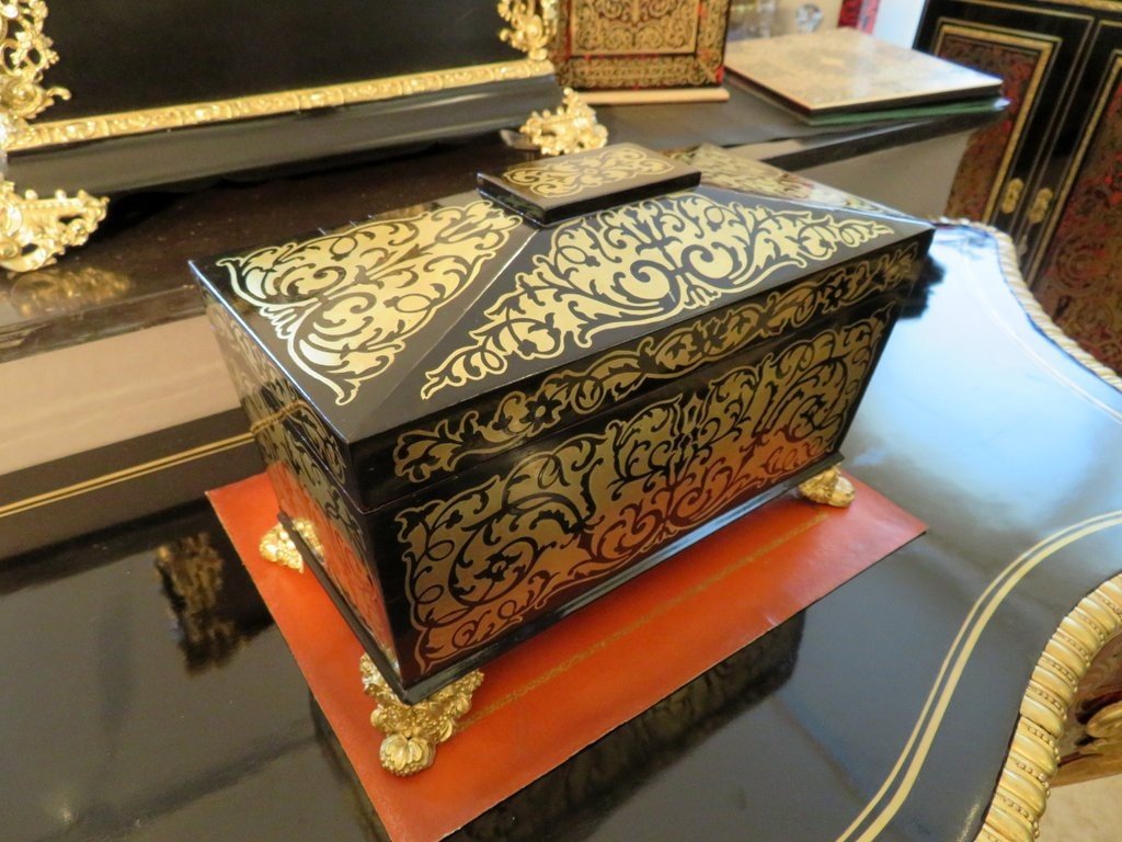 Tea Caddy In Boulle Marquetry Inlay Brass Napoléon III Period Perfect Condition-photo-4