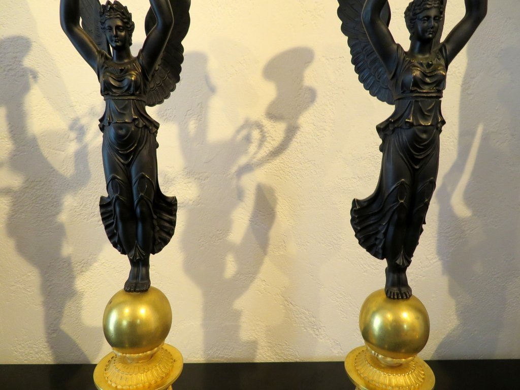 Paire De Candélabres En Bronze époque Empire Victoire Ailées 54 cm-photo-3