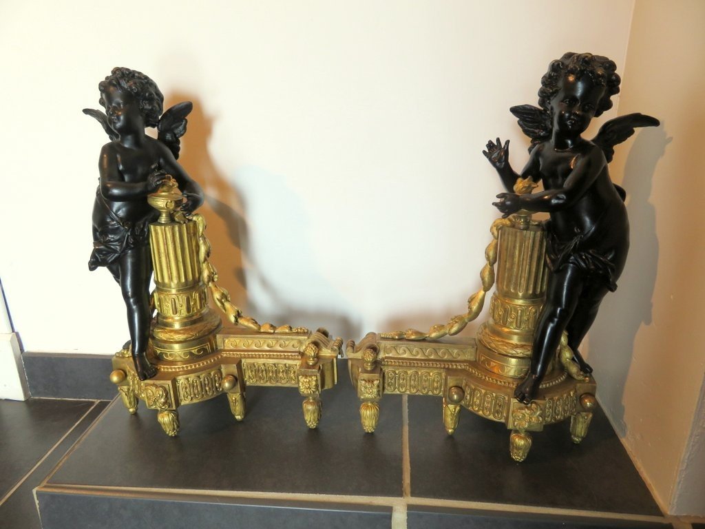 Paire De Chenet En Bronze époque XIXe Avec Angelot Cherubin-photo-3