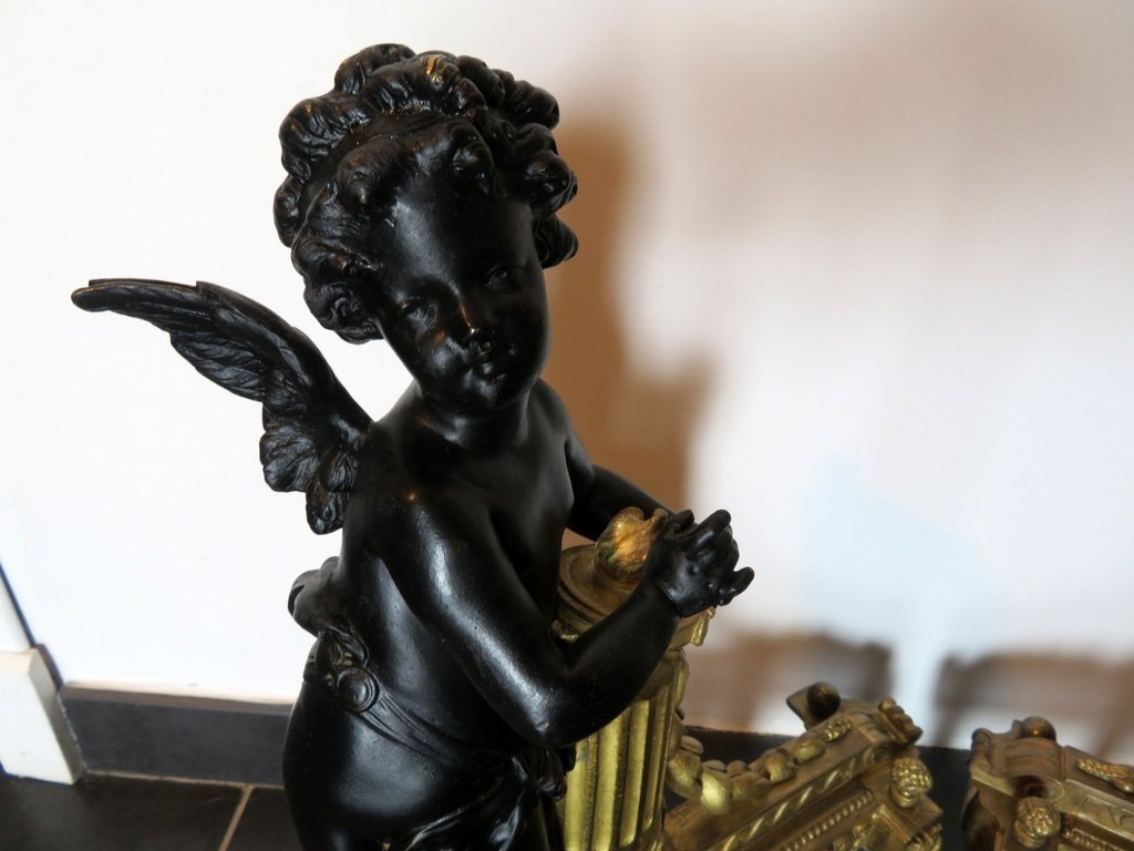 Paire De Chenet En Bronze époque XIXe Avec Angelot Cherubin-photo-7