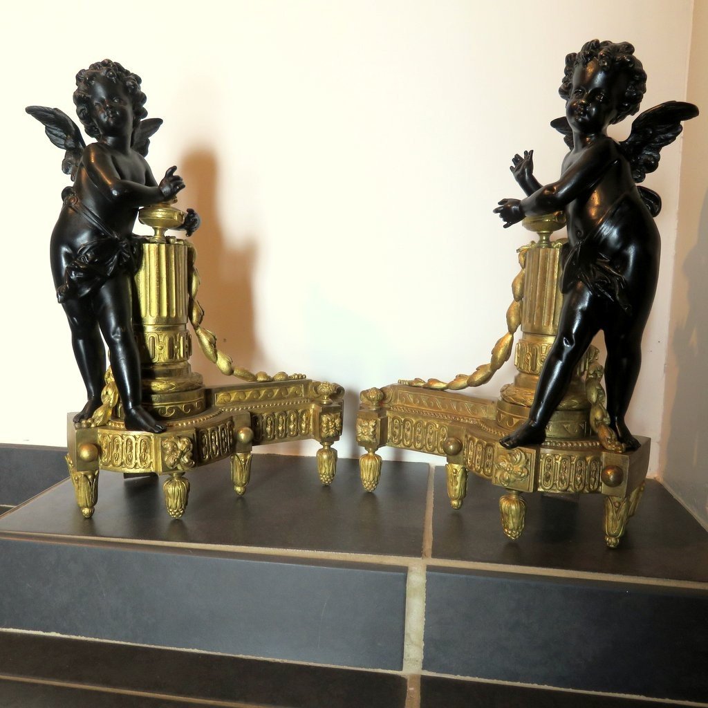 Paire De Chenet En Bronze époque XIXe Avec Angelot Cherubin