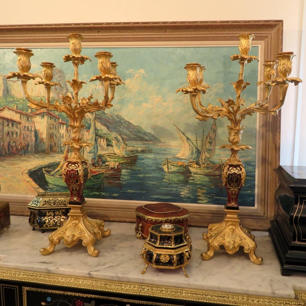 Pair Of Candelabra In Boulle Marquetry And Bronze, Napoleon III Period 61 Cm-photo-7