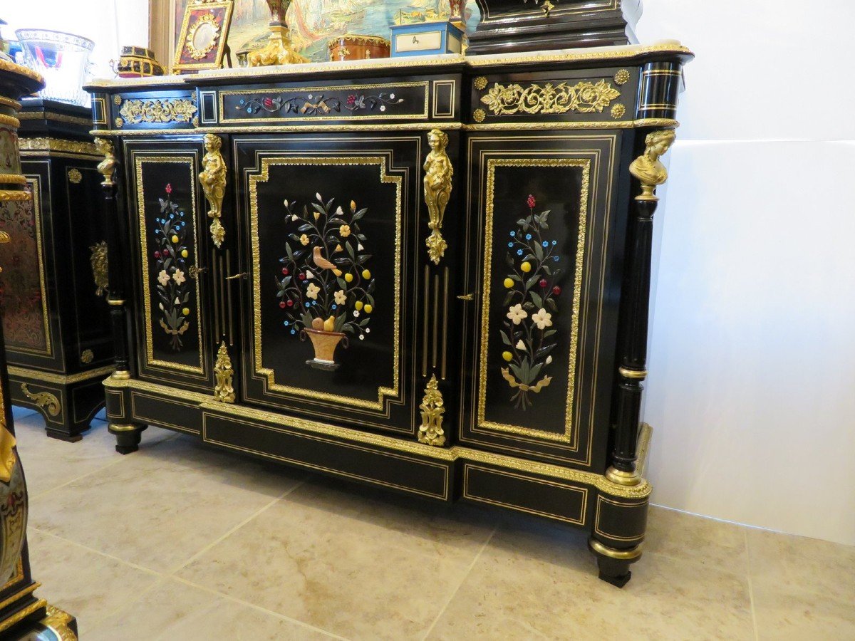 Marquée S. Cochard Enfilade 3 Portes En Marqueterie De Pierre Dure 19éme Boulle-photo-2