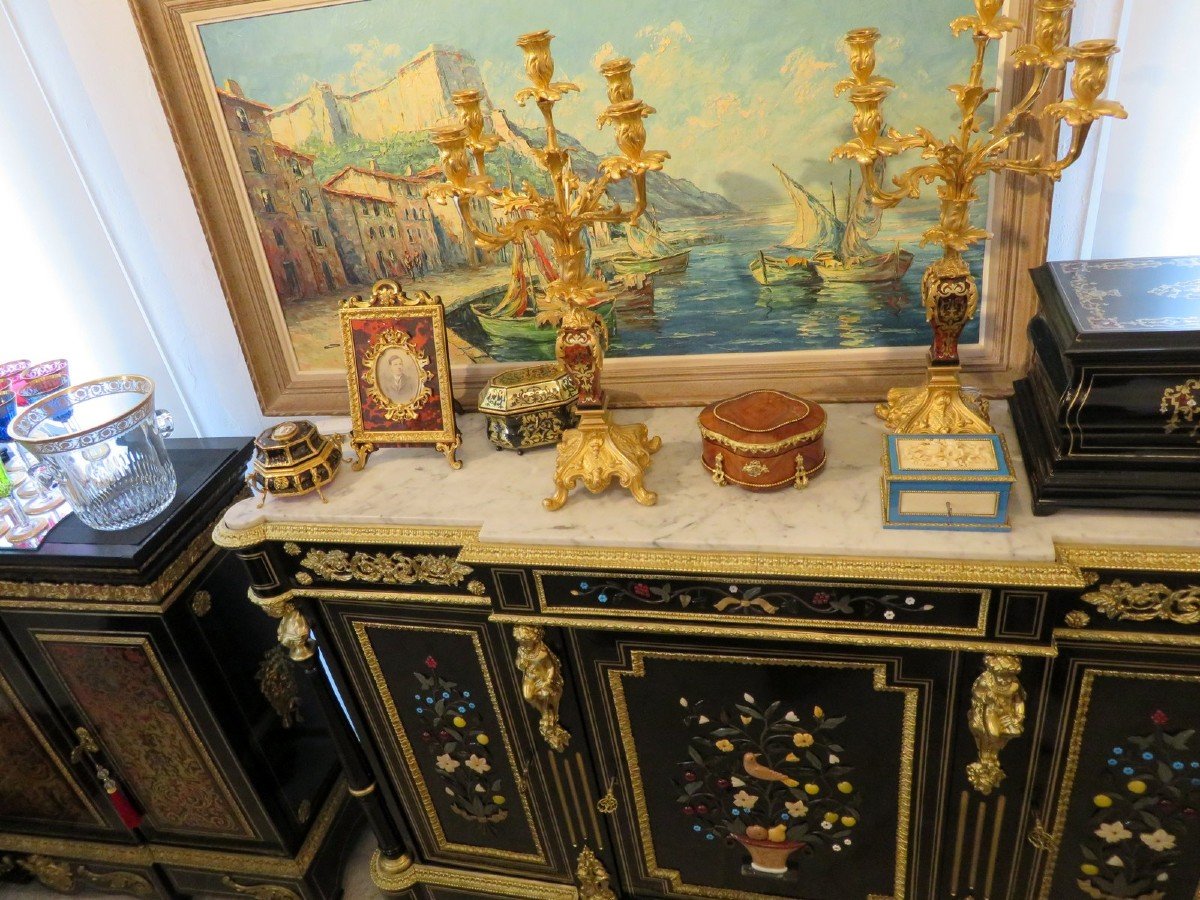 Marquée S. Cochard Enfilade 3 Portes En Marqueterie De Pierre Dure 19éme Boulle-photo-5