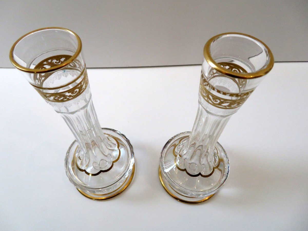 Paire De Soliflore Saint Louis Thistle Or Cristal Signé Parfait état 18cm-photo-1