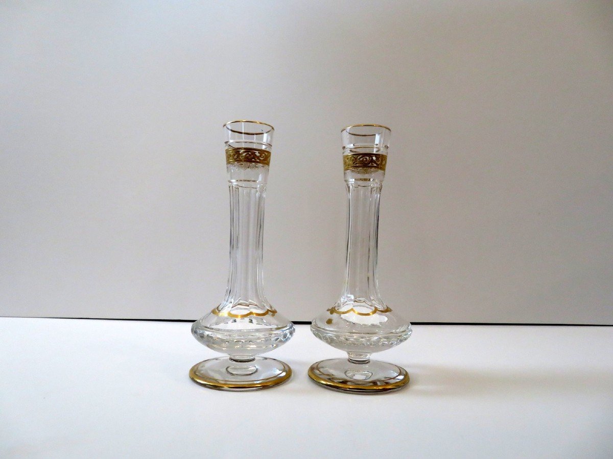 Paire De Soliflore Saint Louis Thistle Or Cristal Signé Parfait état 18cm-photo-4