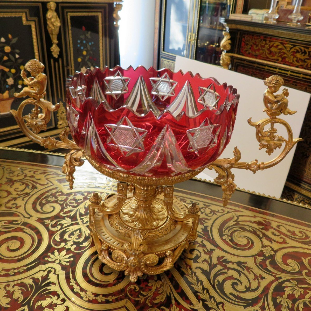 Centre De Table En Bronze Doré Et Cristal Overlay XIXéme-photo-4