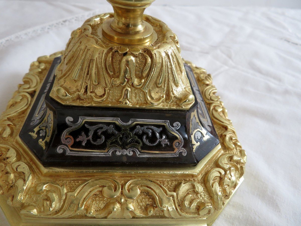 Paire De Candelabre En Marqueterie Boulle Et En Bronze époque Napoléon III 64 Cm-photo-2