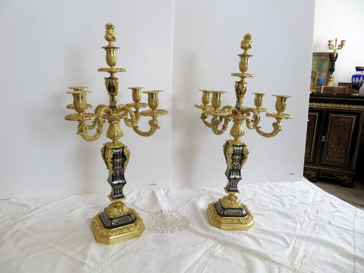 Paire De Candelabre En Marqueterie Boulle Et En Bronze époque Napoléon III 64 Cm-photo-1