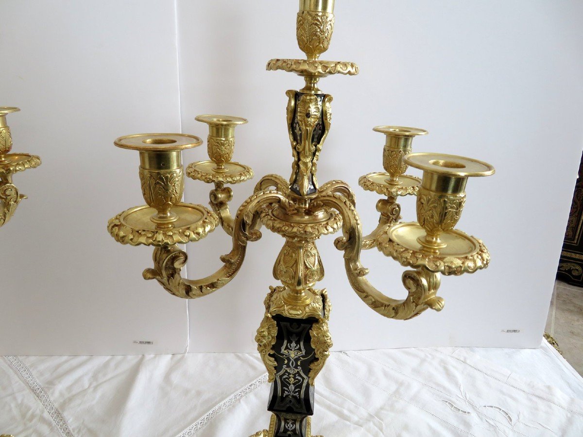 Paire De Candelabre En Marqueterie Boulle Et En Bronze époque Napoléon III 64 Cm-photo-2