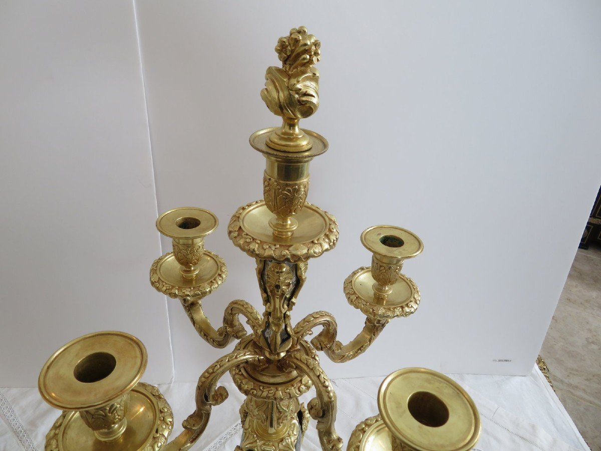 Paire De Candelabre En Marqueterie Boulle Et En Bronze époque Napoléon III 64 Cm-photo-3