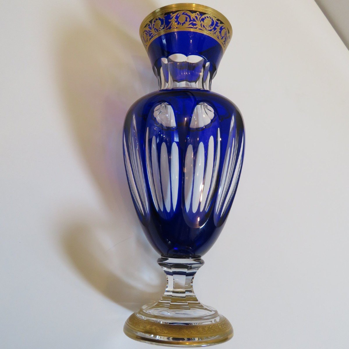 Vase Balustre Bleu Cobalt Saint Louis Modèle  Thistle Or Cristal Signé 31 Cm-photo-3