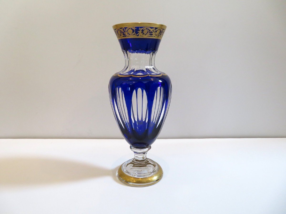 Vase Balustre Bleu Cobalt Saint Louis Modèle  Thistle Or Cristal Signé 31 Cm-photo-2