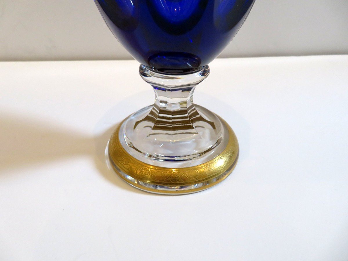 Vase Balustre Bleu Cobalt Saint Louis Modèle  Thistle Or Cristal Signé 31 Cm-photo-3