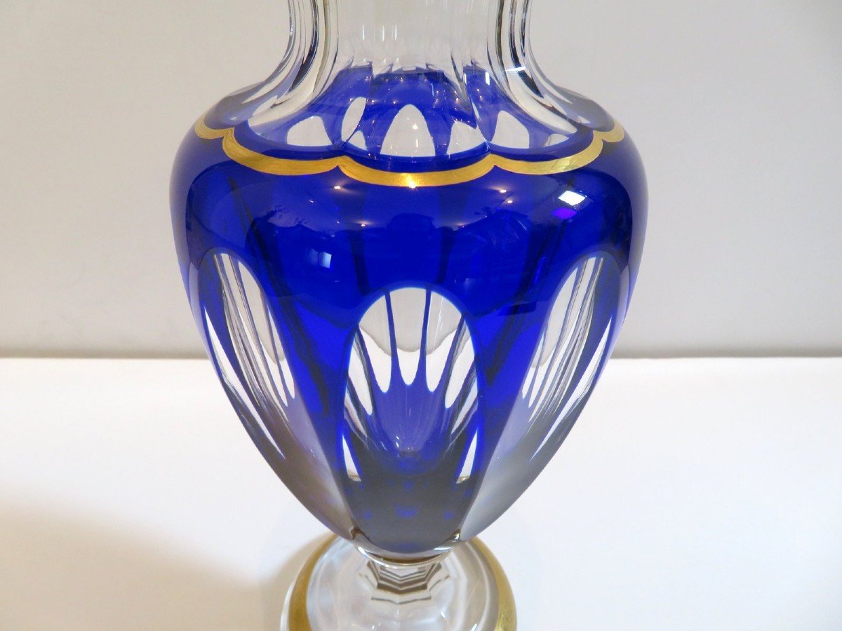 Vase Balustre Bleu Cobalt Saint Louis Modèle  Thistle Or Cristal Signé 31 Cm-photo-4