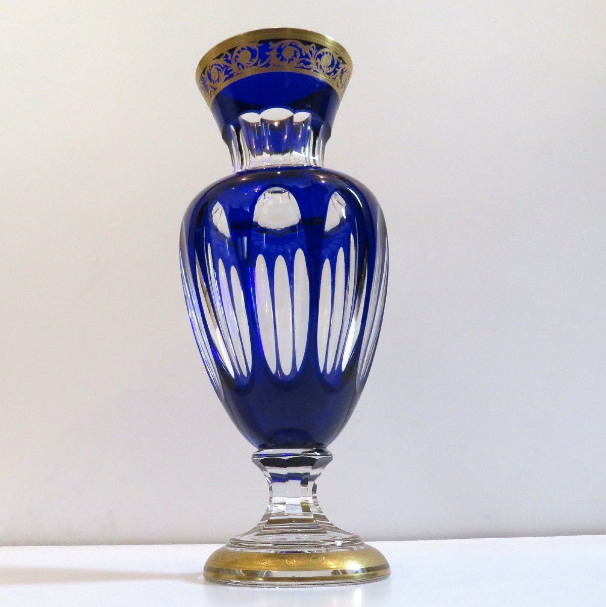 Vase Balustre Bleu Cobalt Saint Louis Modèle  Thistle Or Cristal Signé 31 Cm-photo-5