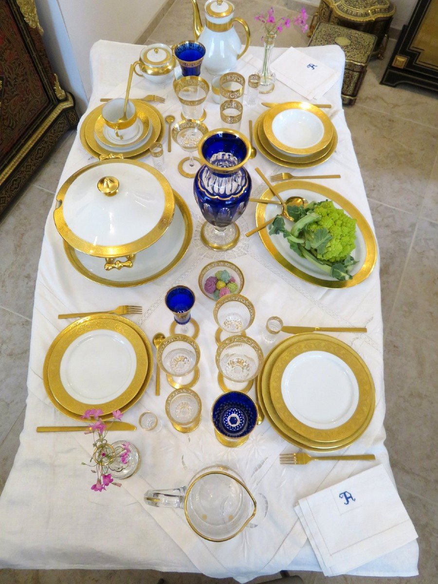  Haviland Saint Louis Thistle Gold Crystal And Porcelain Signed  Set Service For 4-photo-5