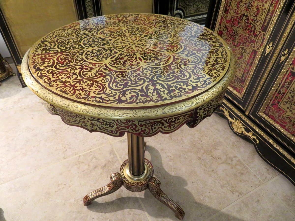 Guéridon Rond En Marqueterie Boulle époque Napoléon III En Parfait état-photo-3