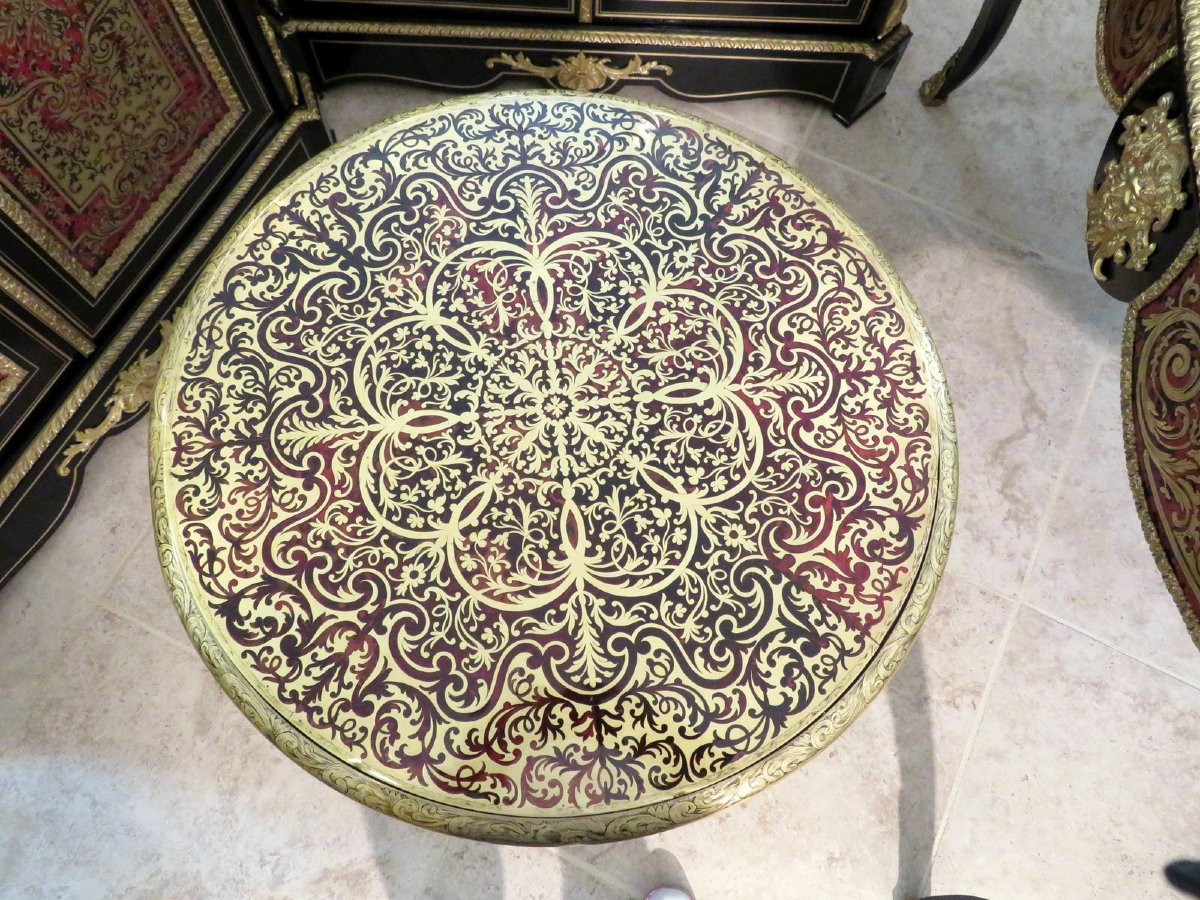 Guéridon Rond En Marqueterie Boulle époque Napoléon III En Parfait état-photo-3