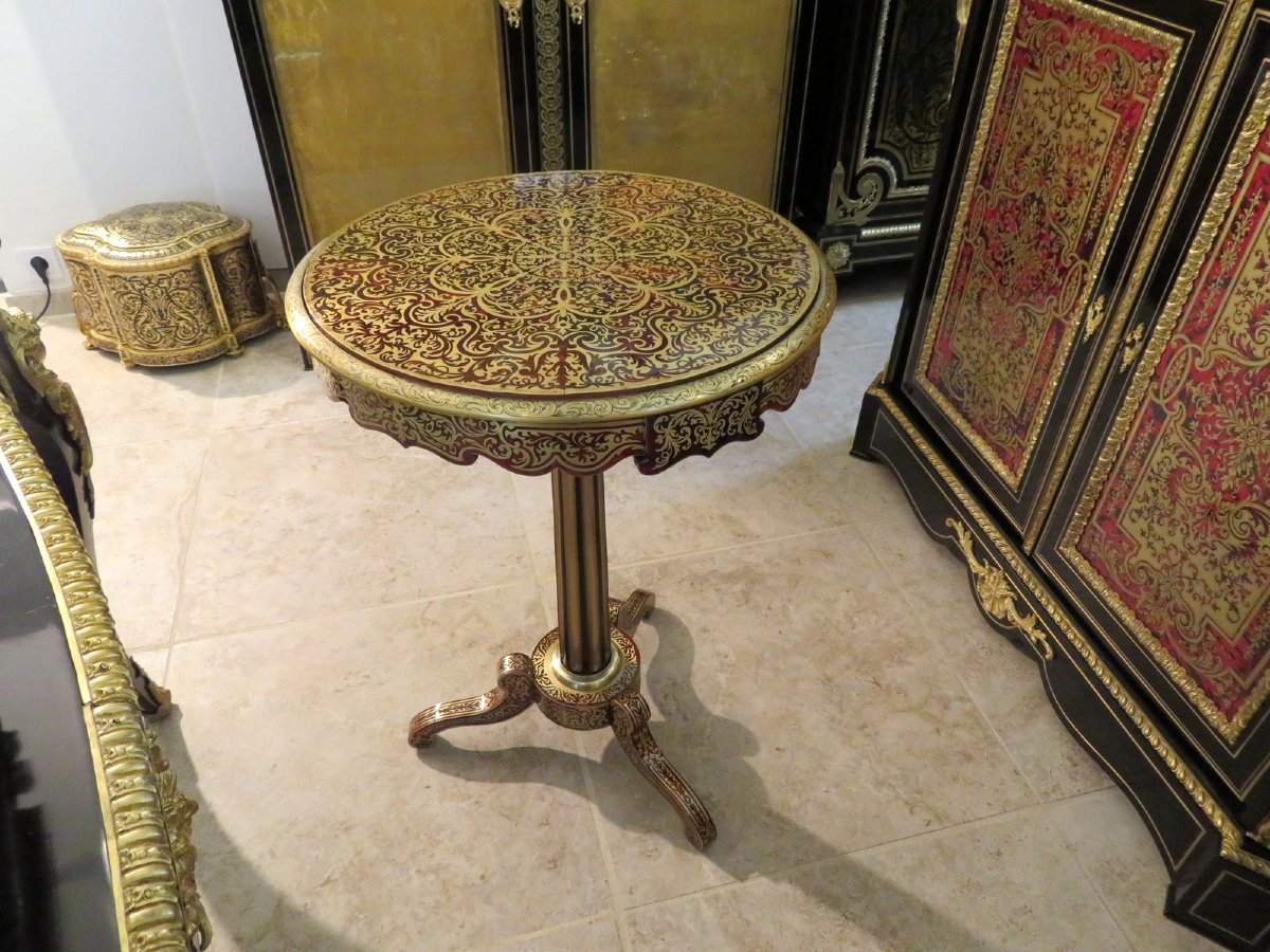 Guéridon Rond En Marqueterie Boulle époque Napoléon III En Parfait état-photo-5