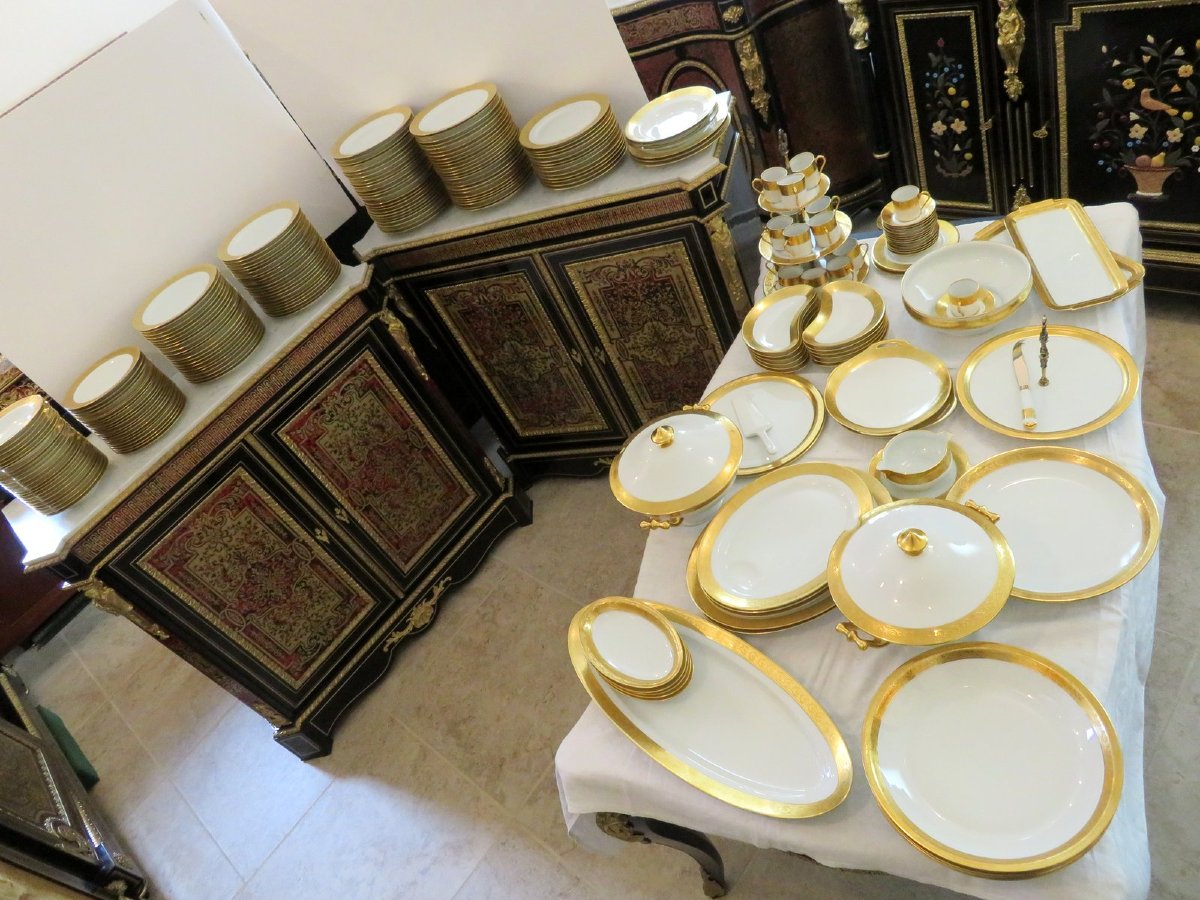 Important Set Haviland Limoges Porcelain Thistle Gold 178 Plates + 29 Platters + Coffee-photo-5
