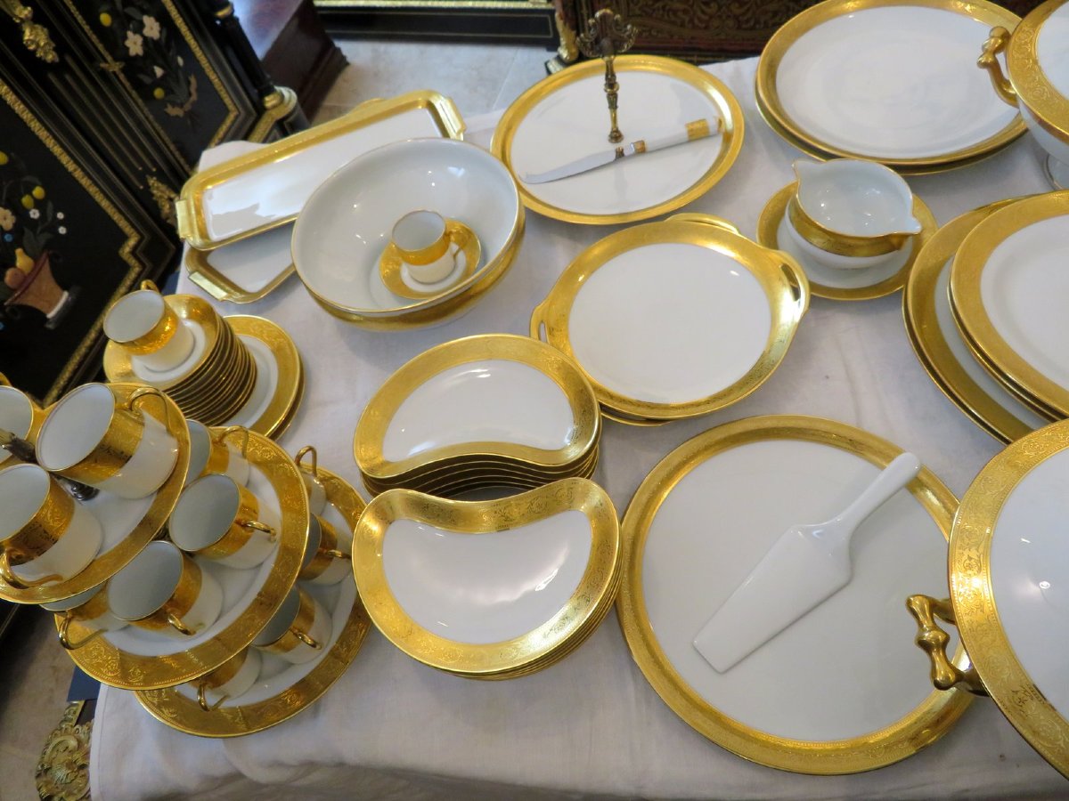 Important Set Haviland Limoges Porcelain Thistle Gold 178 Plates + 29 Platters + Coffee-photo-7