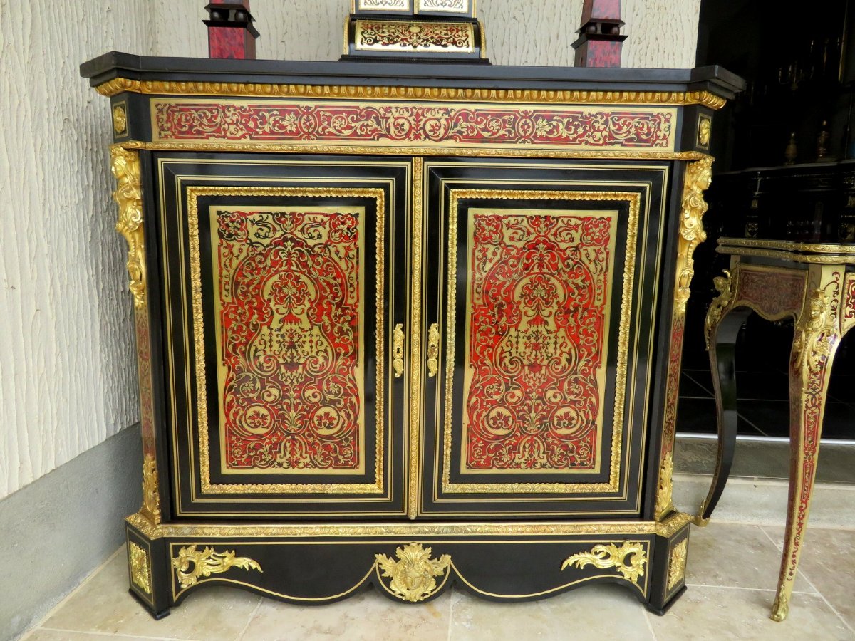 Meuble d'Appui 2 Portes En Marqueterie Boulle époque Napoléon III-photo-4
