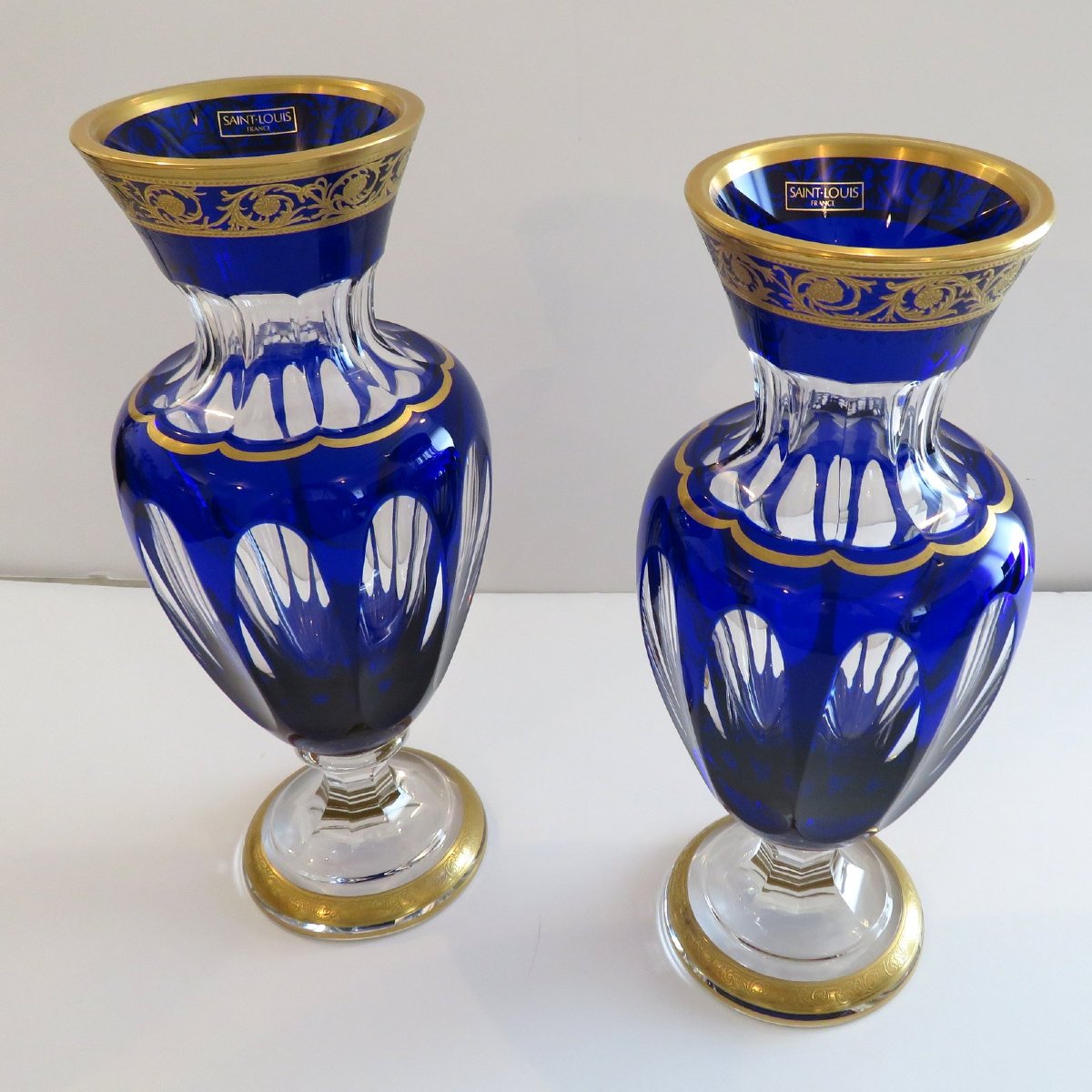 Paire Vase Balustre St Louis Thistle Or Cristal Signé-photo-5