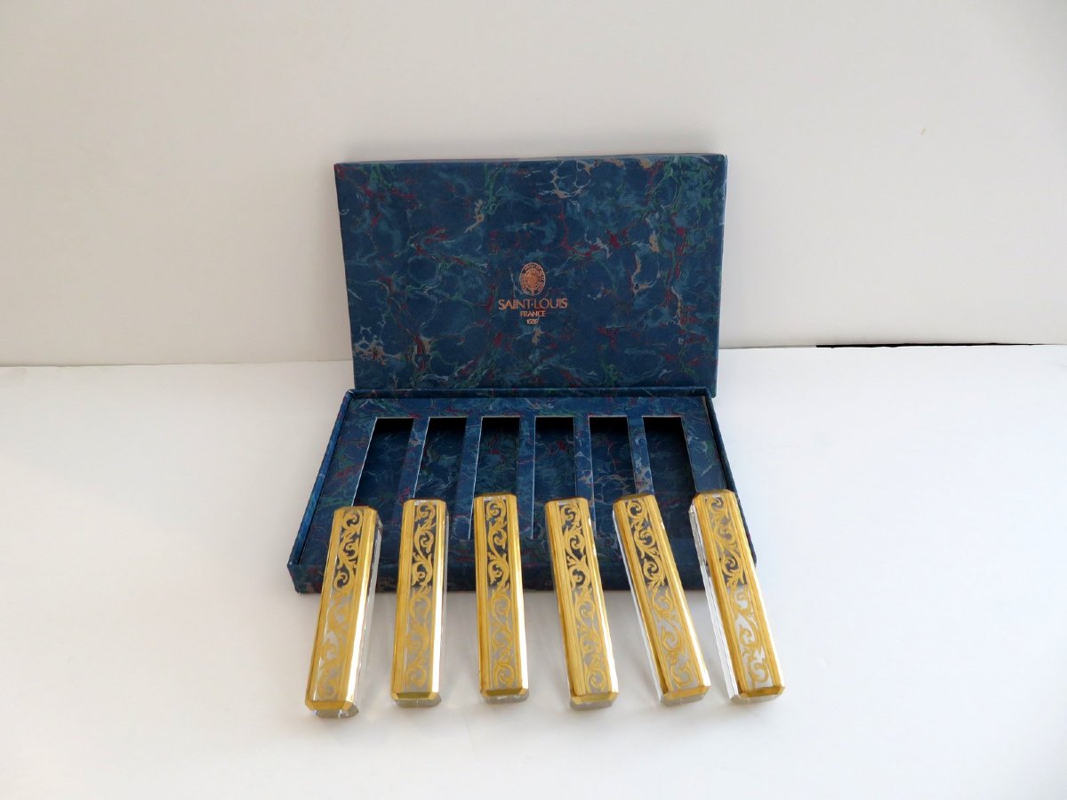 6 Knife Holder Whith Box In Crystal St-louis - Thistle Gold Stamped-photo-2