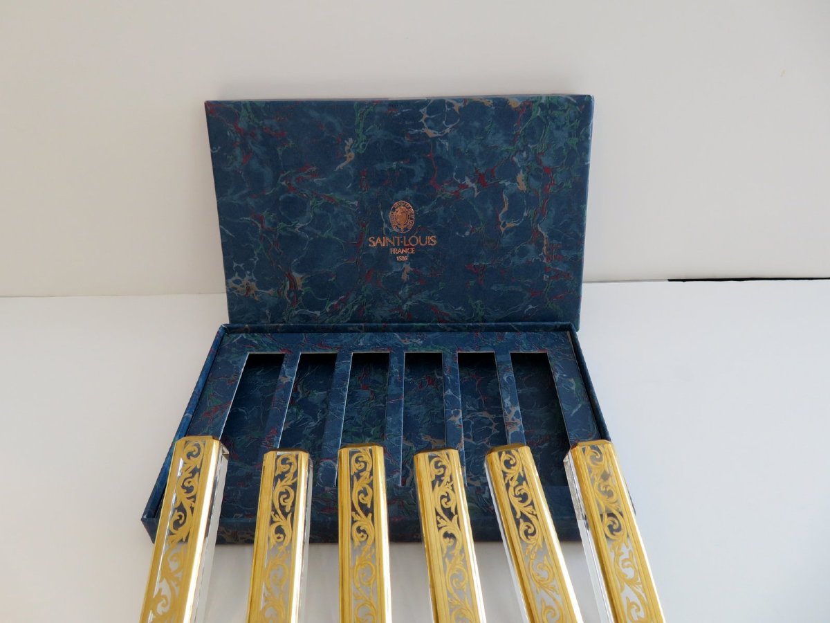 6 Knife Holder Whith Box In Crystal St-louis - Thistle Gold Stamped-photo-6