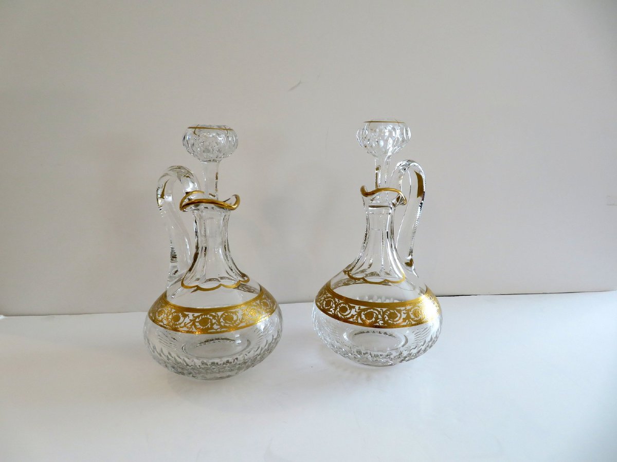Pair Of Wine Decanter With Handle In Crystal Saint - Louis Thistle Gold Stamped-photo-3