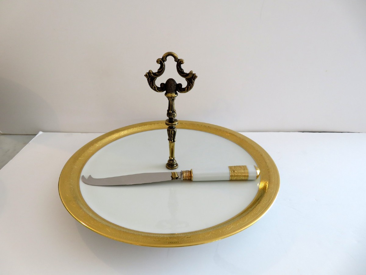 Cheese Platter And Cheese Knife In Porcelaine Of Limoges Thistle Gold Haviland-photo-2