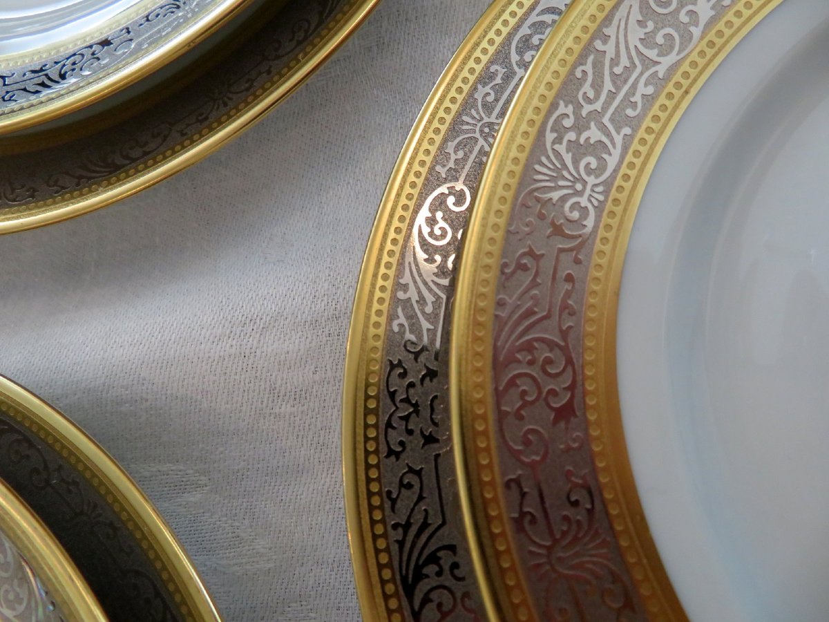Vulcain Limoges Porcelain Dessert Service 11 Plates + 2 Dishes Perfect Condition-photo-3