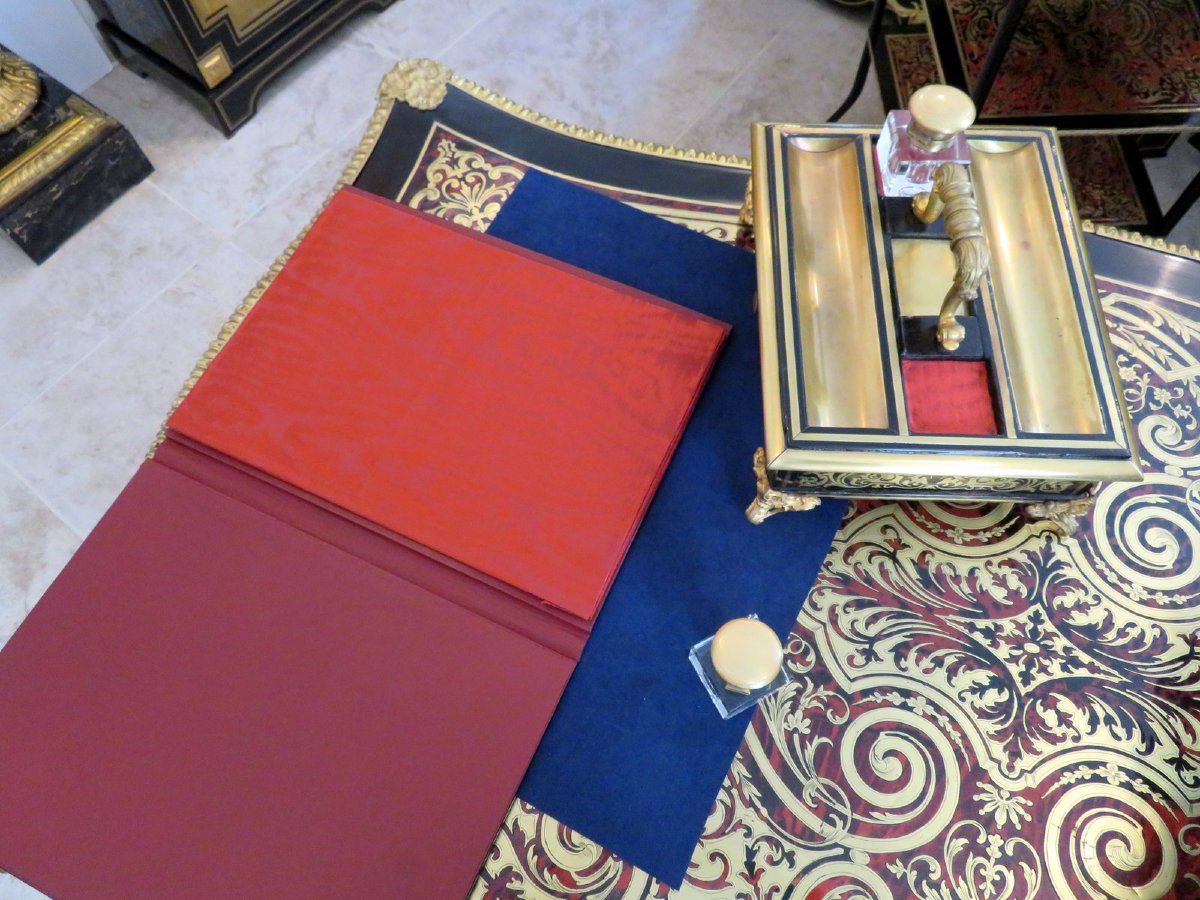 Bel ensemble de bureau Porte-document et encrier en marqueterie Boulle époque Napoléon III-photo-2