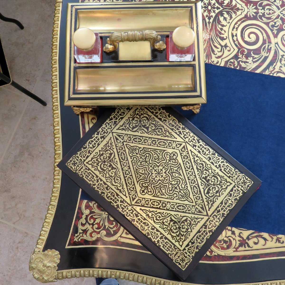 Bel ensemble de bureau Porte-document et encrier en marqueterie Boulle époque Napoléon III-photo-5