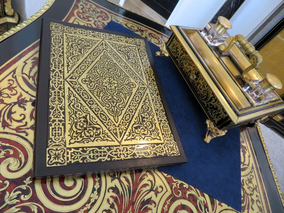 Bel ensemble de bureau Porte-document et encrier en marqueterie Boulle époque Napoléon III-photo-7