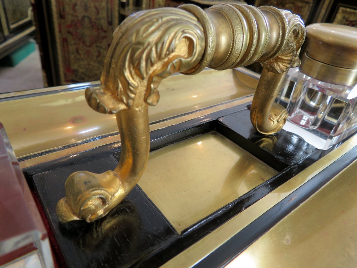 Bel ensemble de bureau Porte-document et encrier en marqueterie Boulle époque Napoléon III-photo-8