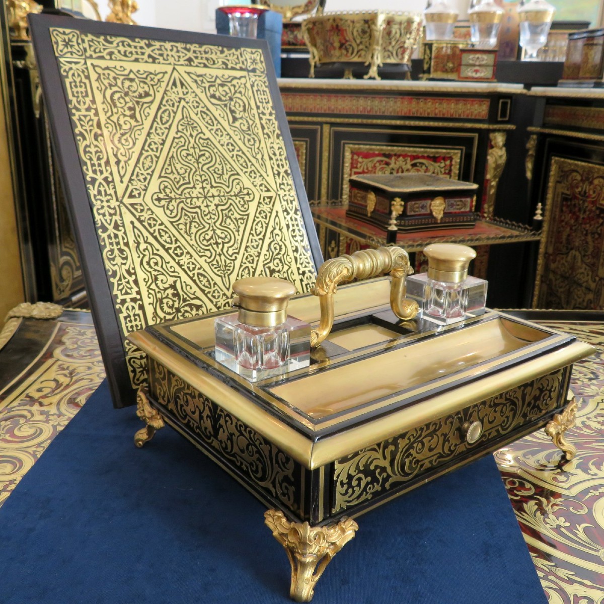 Bel ensemble de bureau Porte-document et encrier en marqueterie Boulle époque Napoléon III
